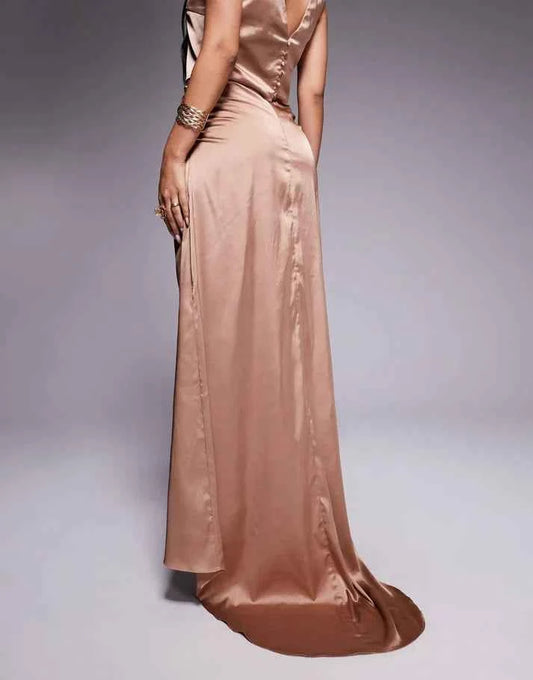 TFNC satin train maxi skirt co-ord in mocha