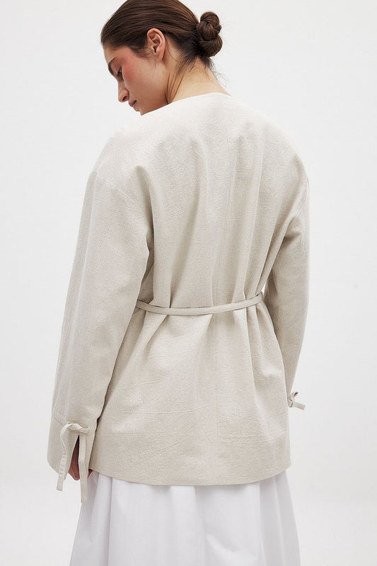 Tie Detail Straight Fit Linen Blend Blazer