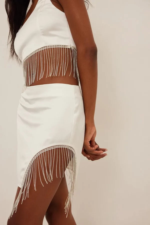 Fringed Mini Rhinestone Skirt & Rhinestone Detail Satin Top SET