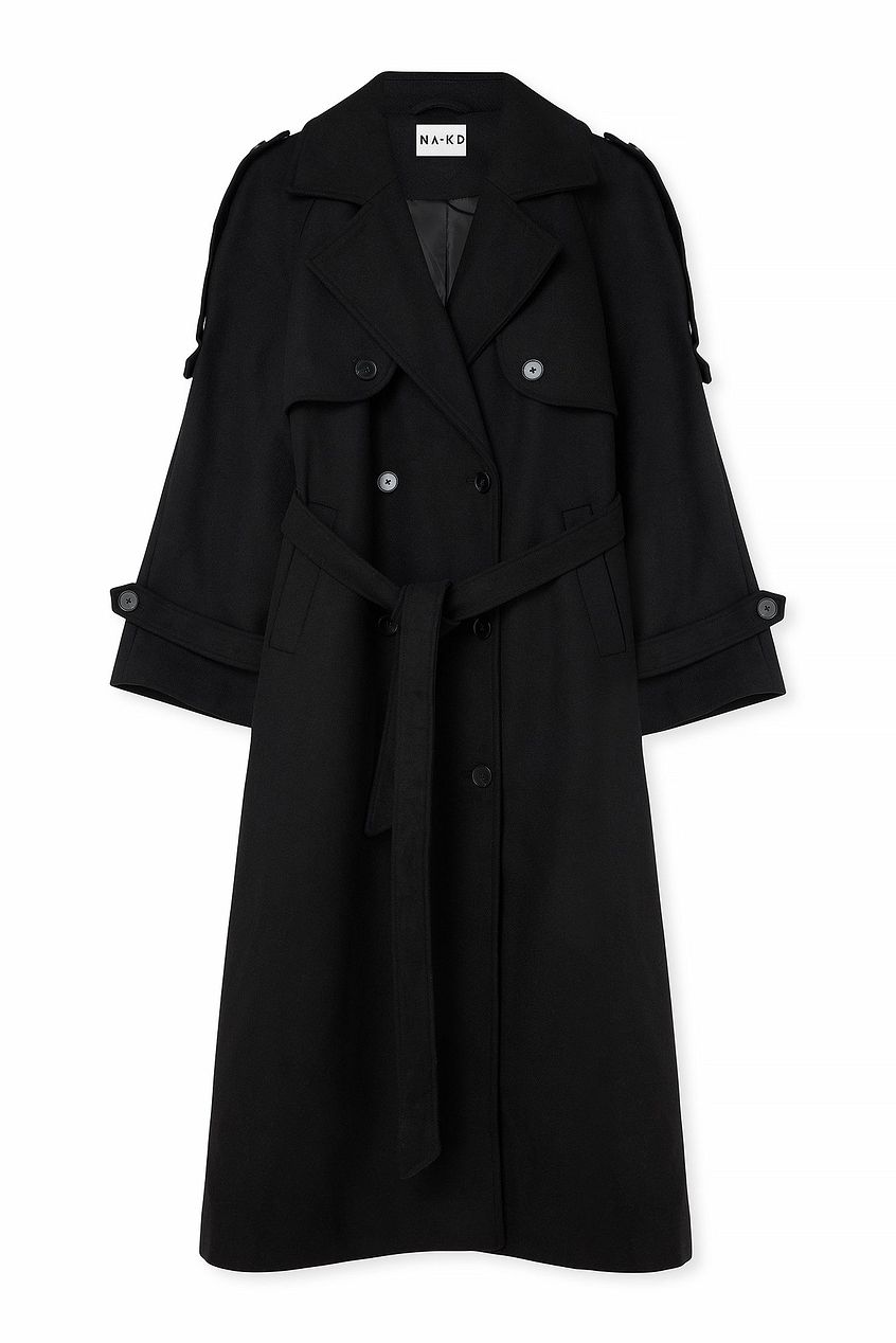 Wool Blend Raglan Coat- Black