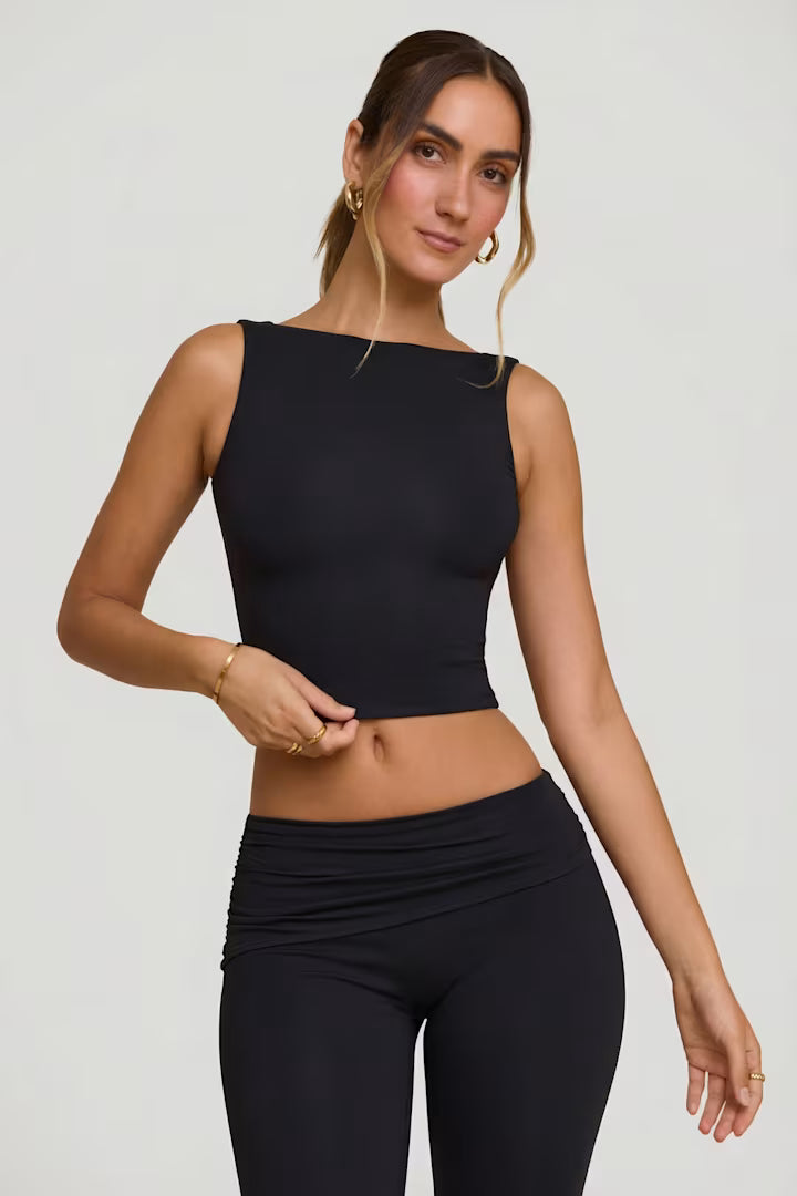 OhPolly - High Neck Open Back Crop Top in Black