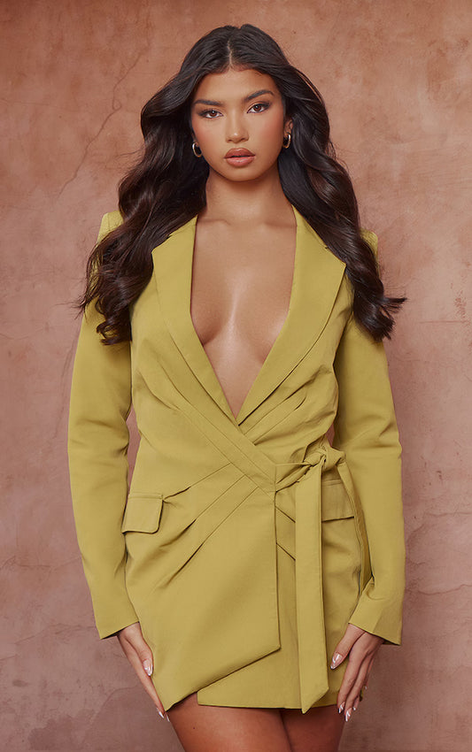 Plt - Chartreuse Plunge Tie Blazer Dress