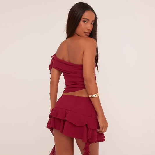 Fold Over Asymmetric One Shoulder Frill Detail Crop Top In Plum Mesh