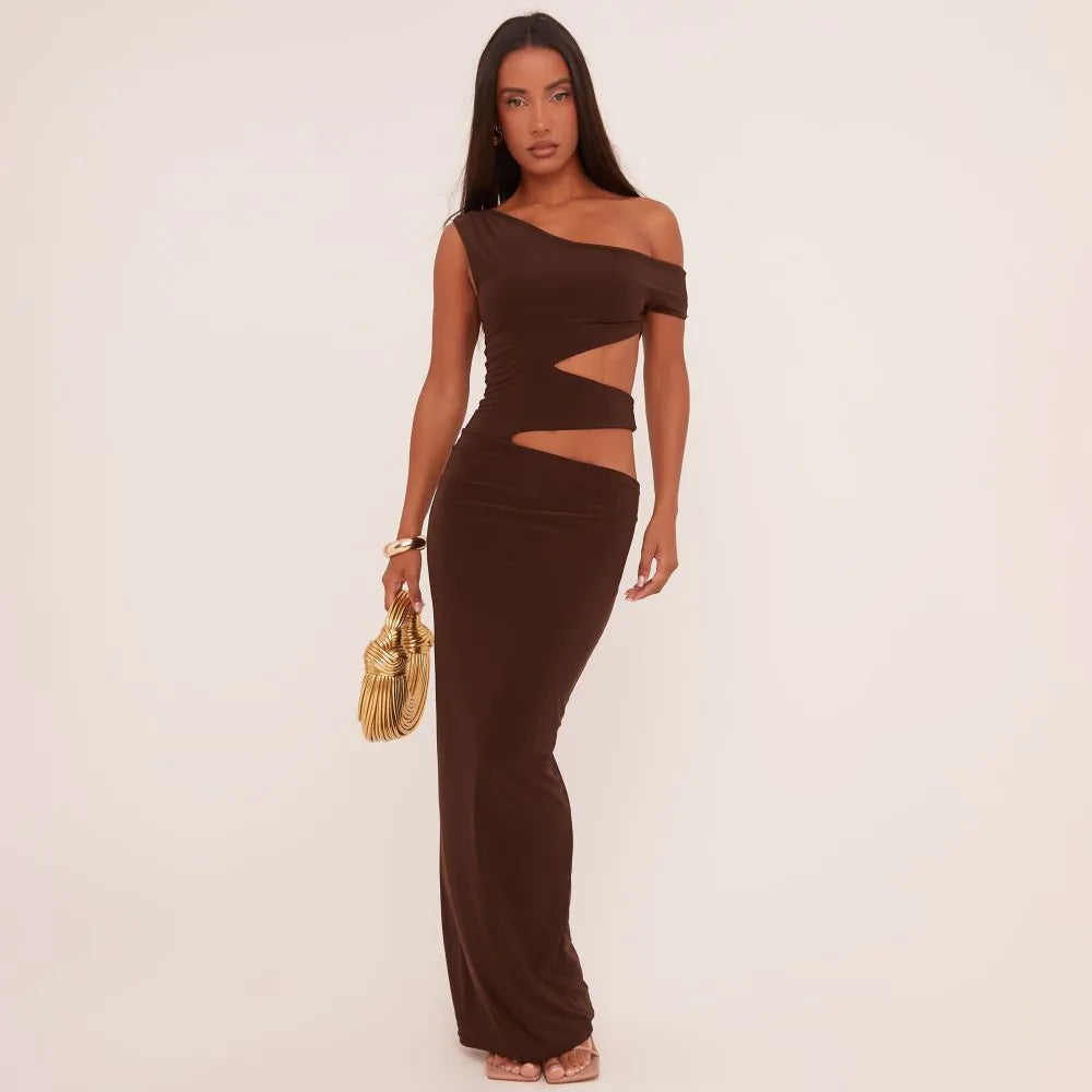 Asymmetric One Shoulder Cut Out Maxi Dress In Chocolate Brown Slinky