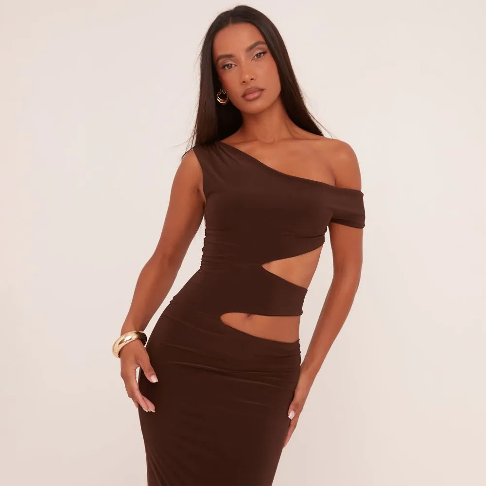 Asymmetric One Shoulder Cut Out Maxi Dress In Chocolate Brown Slinky