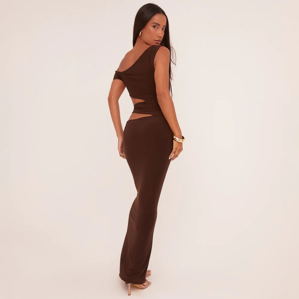 Asymmetric One Shoulder Cut Out Maxi Dress In Chocolate Brown Slinky