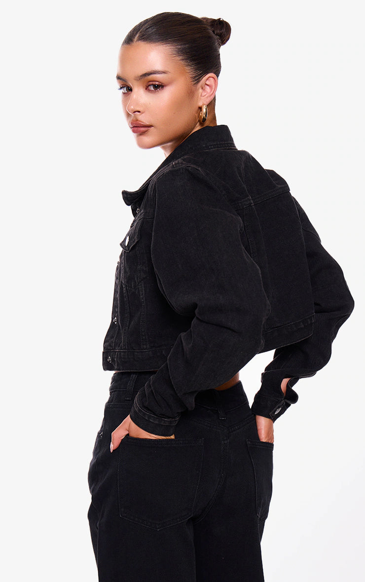 WASHED BLACK CROPPED DENIM JACKET