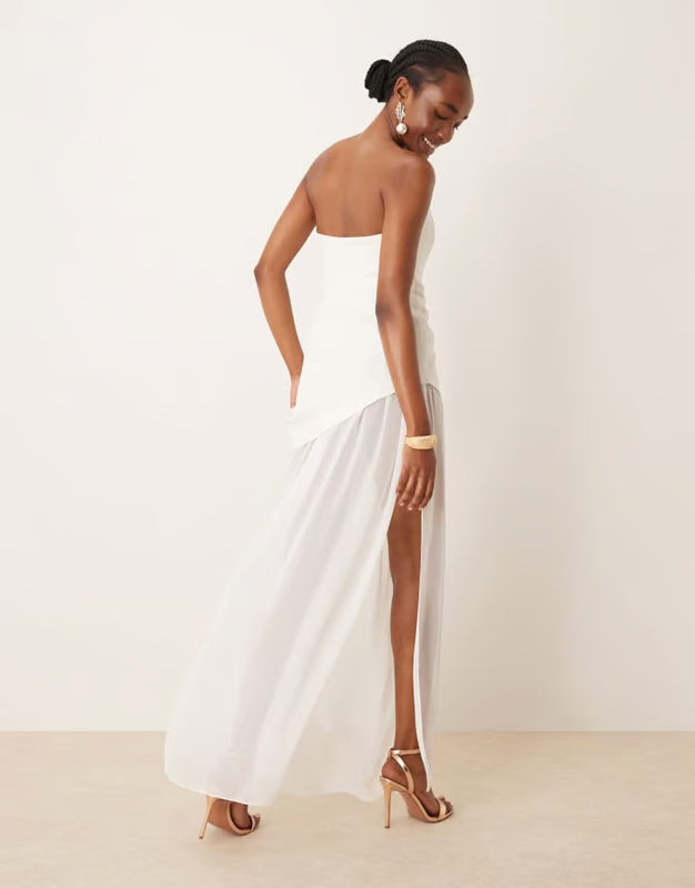 ASOS DESIGN structured bandeau maxi dress with chiffon thigh split skirt in ivory