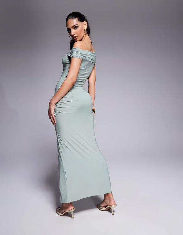 Missyempire double layered slinky fold over bardot bodycon maxi dress in sage green