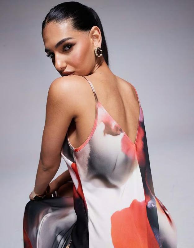ASOS DESIGN satin v neck seam detail split midaxi dress in dark abstract print