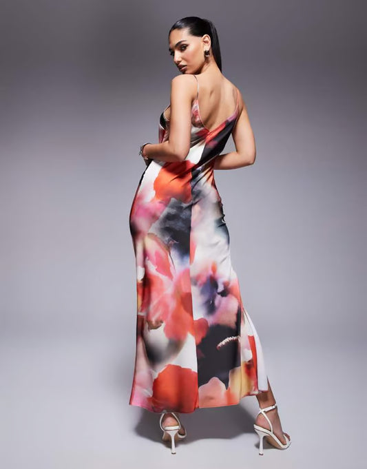 ASOS DESIGN satin v neck seam detail split midaxi dress in dark abstract print