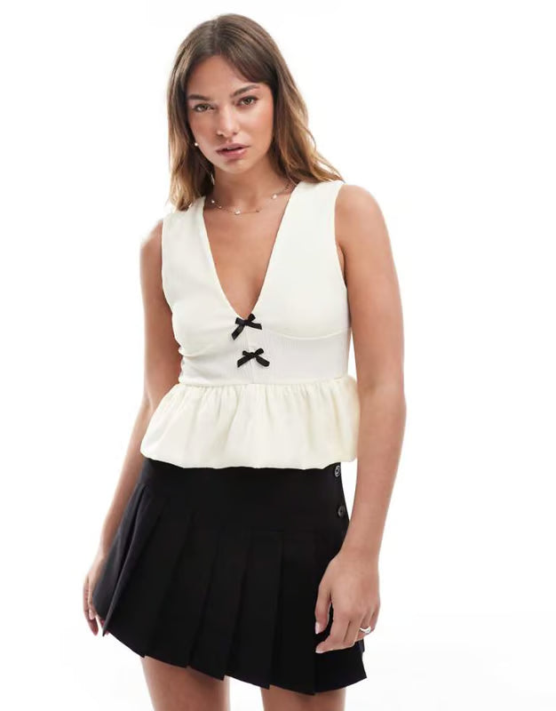 Miss Selfridge textured bubble hem bow top in cream