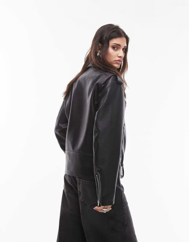 Topshop faux leather bubble oversized biker in black