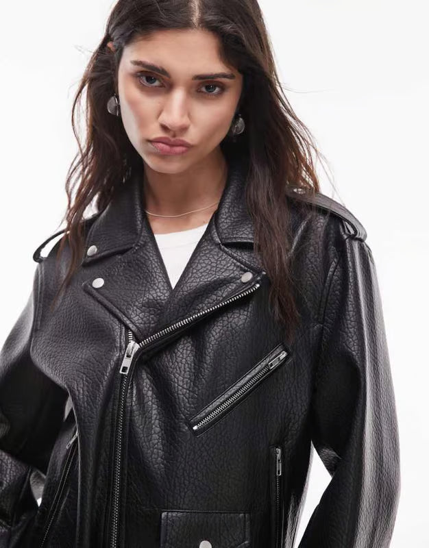 Topshop faux leather bubble oversized biker in black