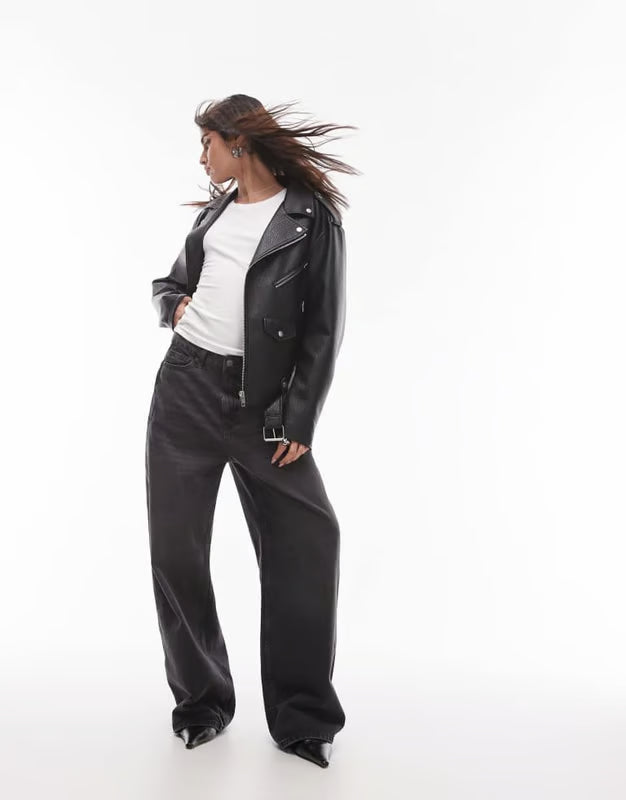 Topshop faux leather bubble oversized biker in black