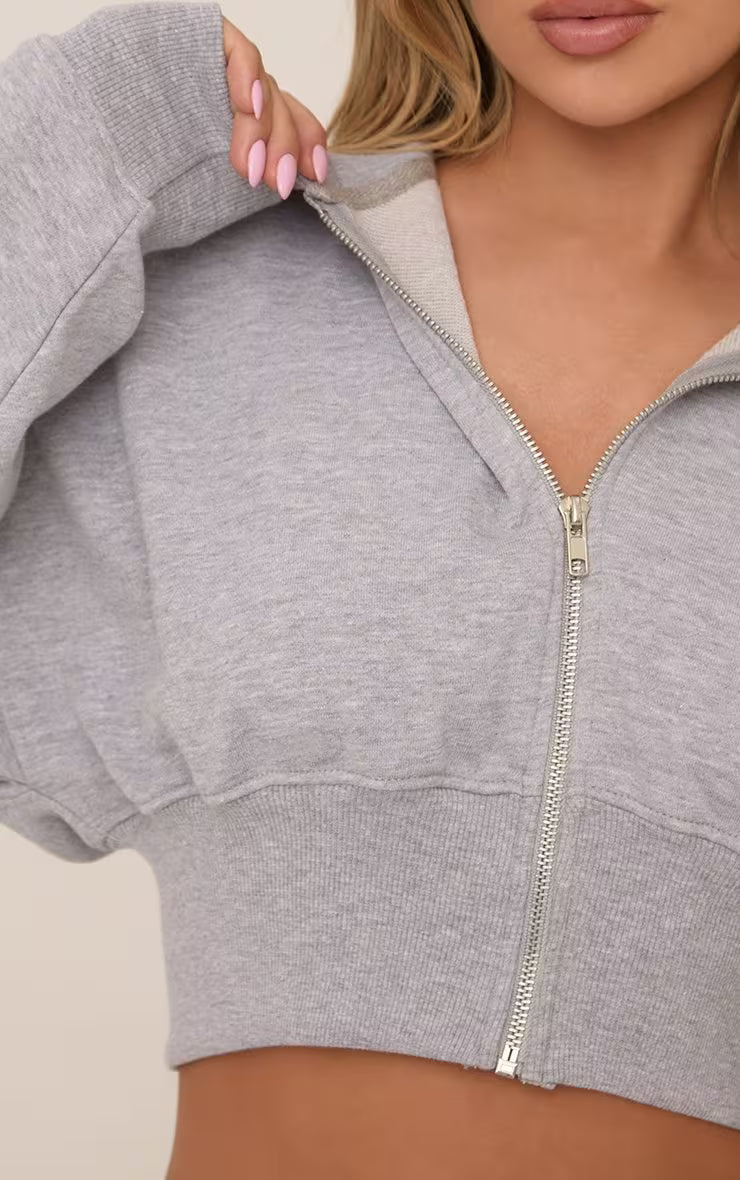 Ego - Long Sleeve Zip Front Cropped Hoodie In Grey