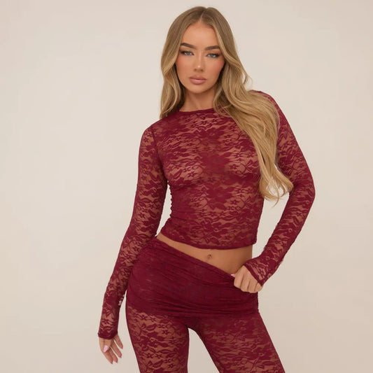 Long Sleeve Crew Neck Top In Burgundy Lace
