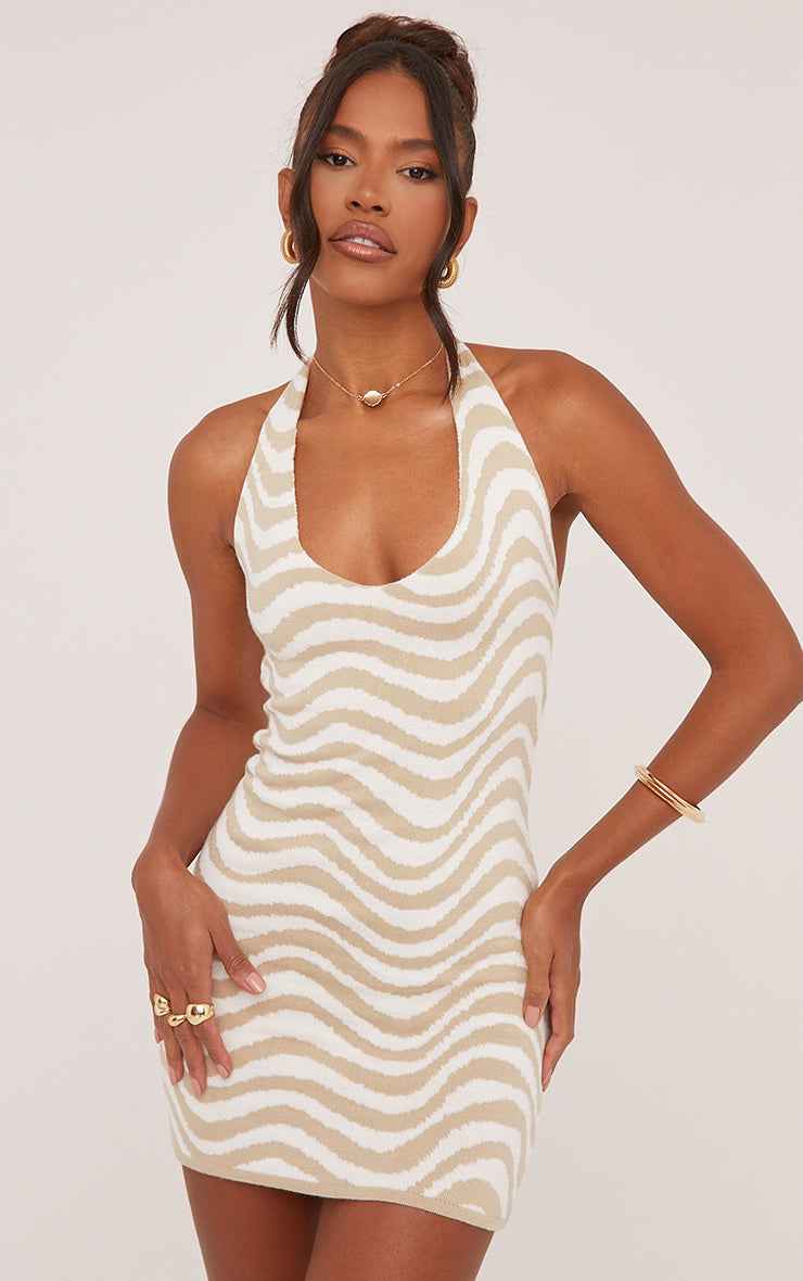 EGO - Halterneck Contrast Wave Mini Bodycon Dress In Stone Knit
