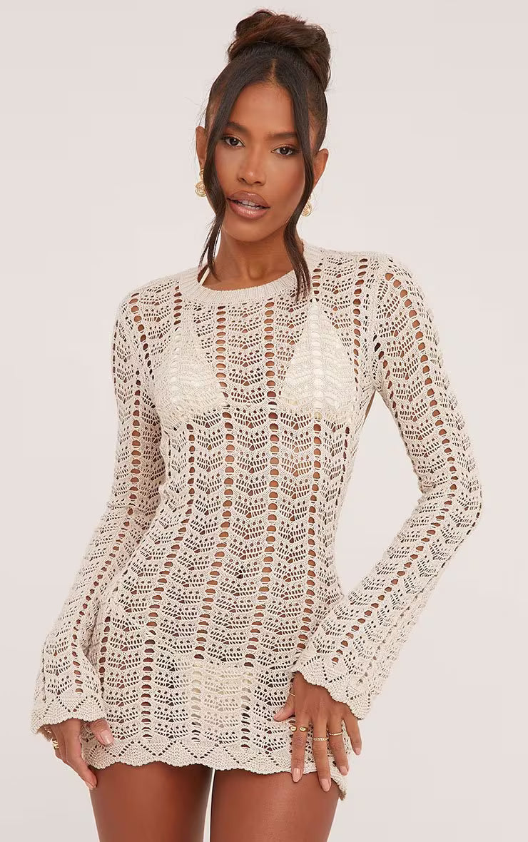 Ego - Long Sleeve Tie Open Back Mini Bodycon Dress In Stone Crochet Knit