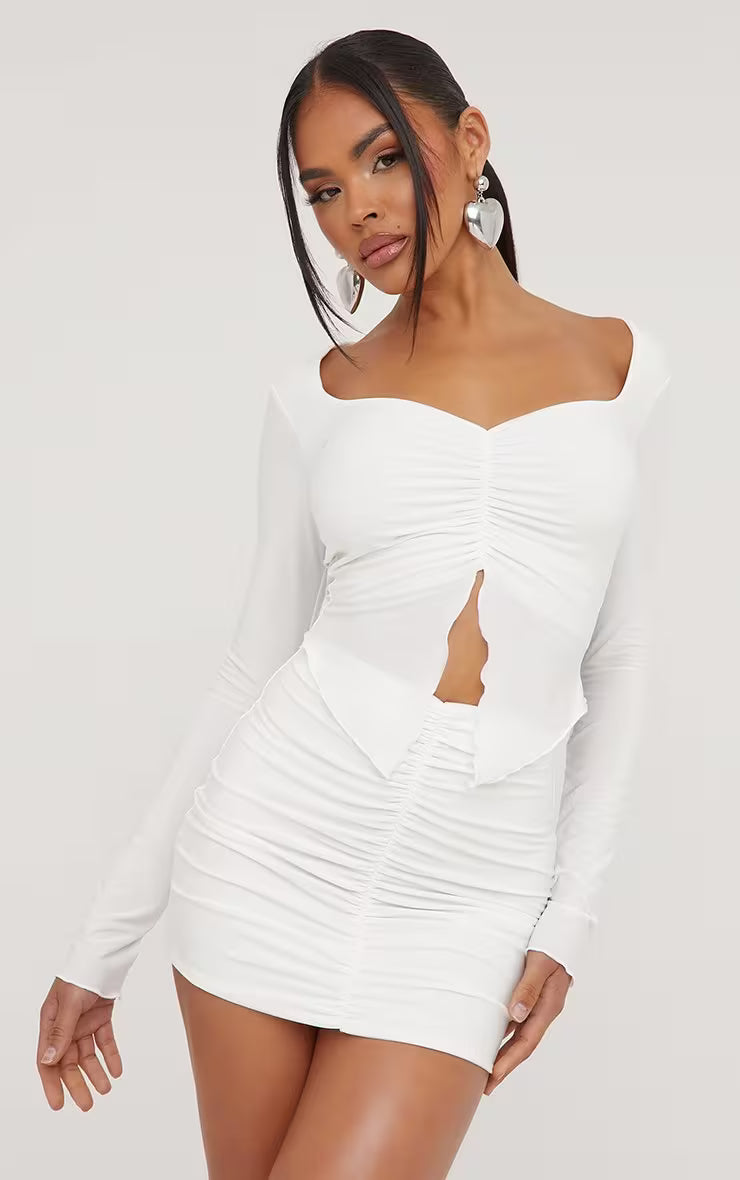 Ego - Low Rise Ruched Detail Mini Bodycon Skirt and Top In Cream Slinky SET