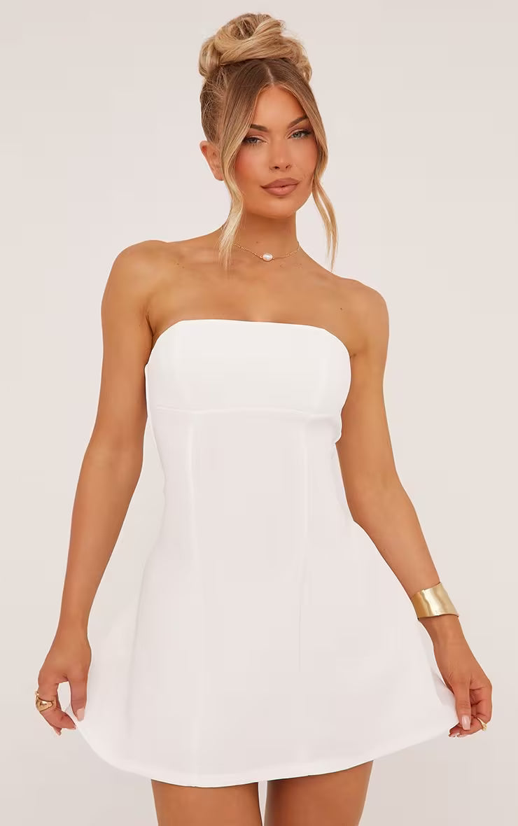 Bandeau Tailored Mini Dress In White Woven