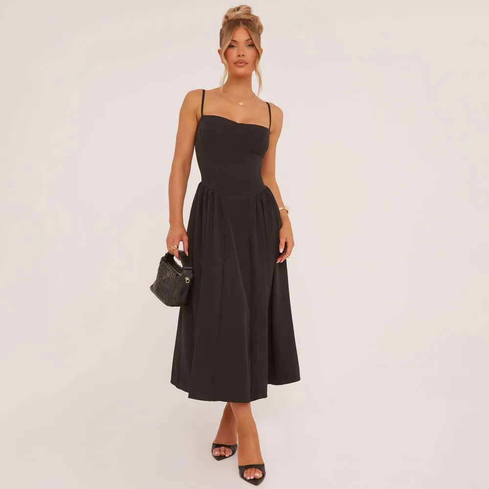 Strappy Pleated Skater Midaxi Dress In Black