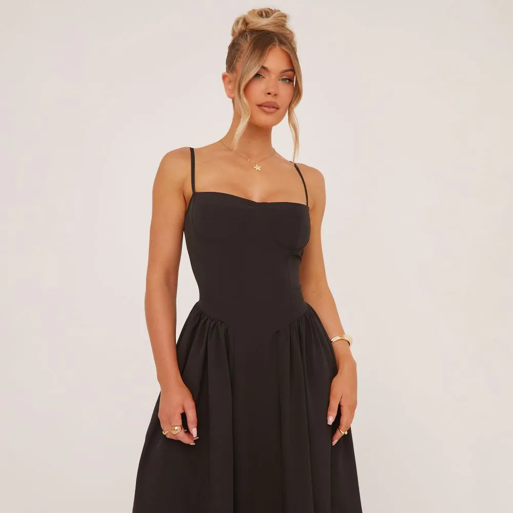 Strappy Pleated Skater Midaxi Dress In Black