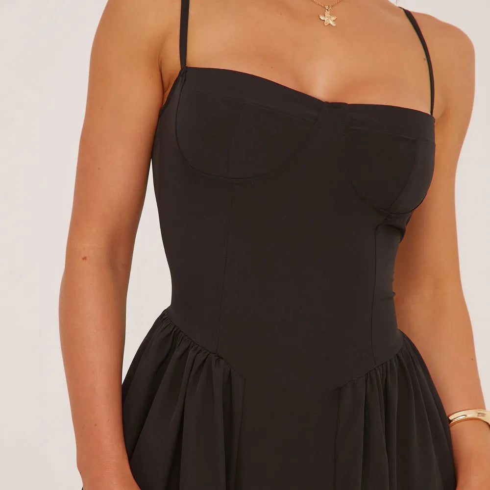 Strappy Pleated Skater Midaxi Dress In Black