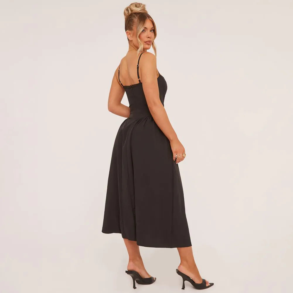 Strappy Pleated Skater Midaxi Dress In Black
