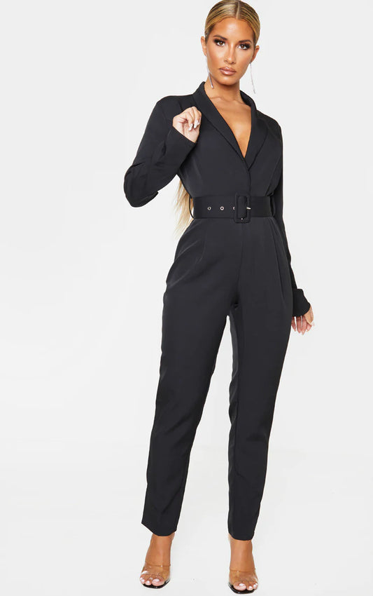 Black Lapel Detail Belted Jumpsuit