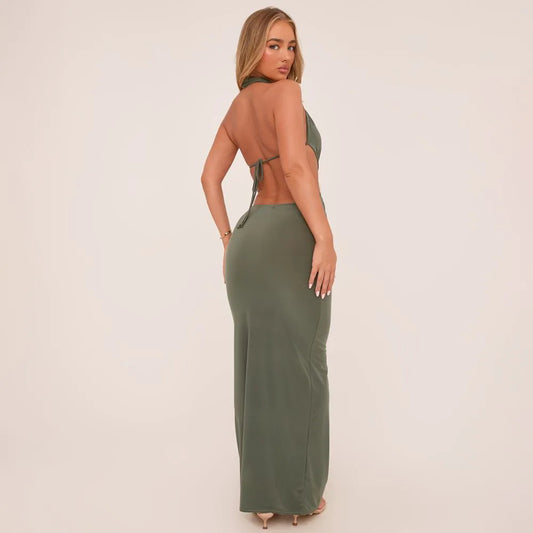 Plunge Halterneck Knot Front Maxi Dress In Olive Green Slinky
