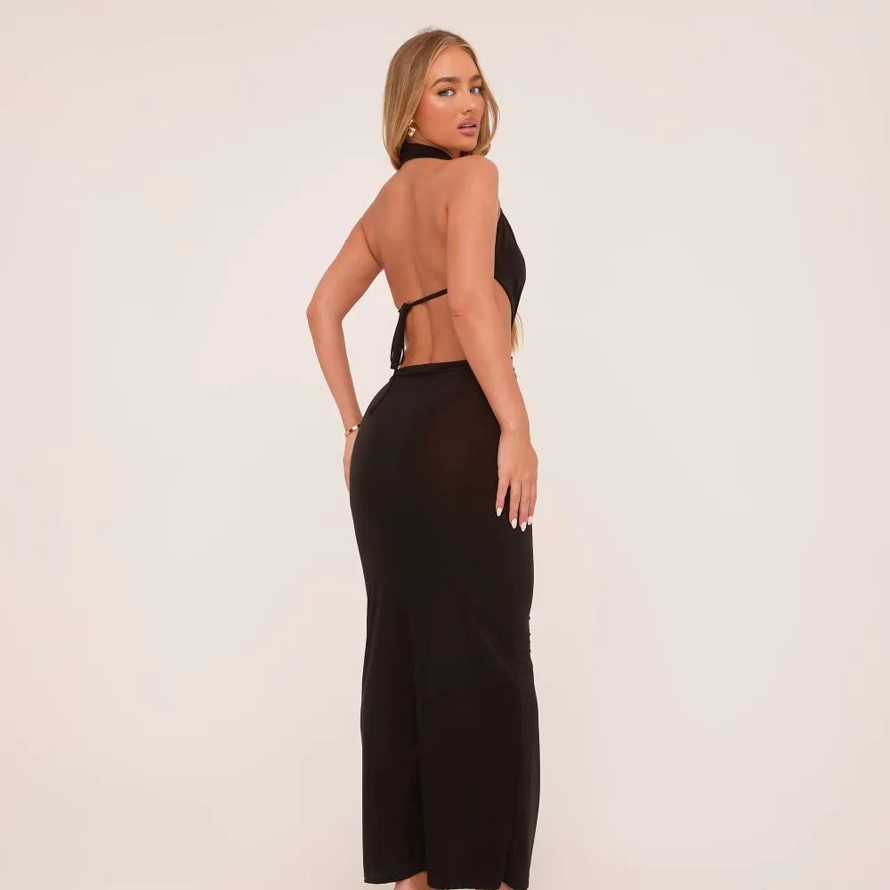 Plunge Halterneck Knot Front Maxi Dress In Black Slinky