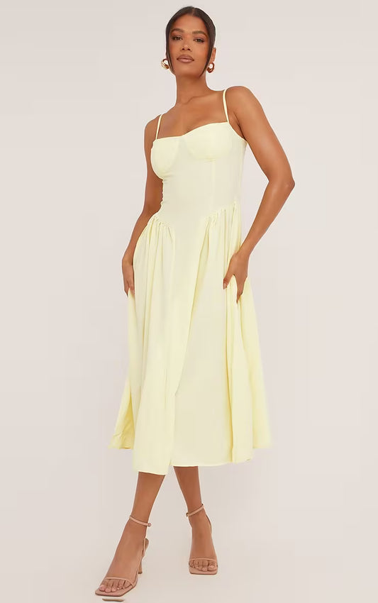 Ego -Strappy Pleated Skater Midaxi Dress In Yellow