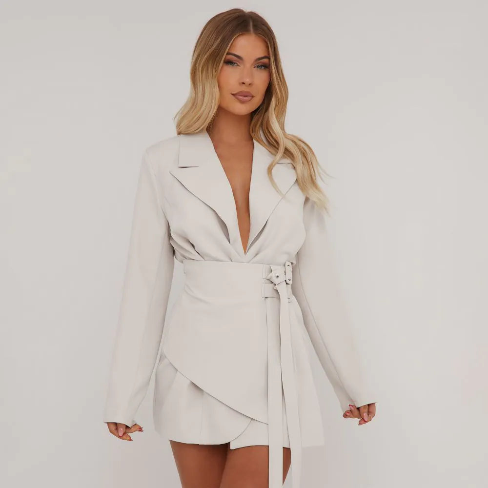 Oversized Belted Detail Blazer Dress In Stone