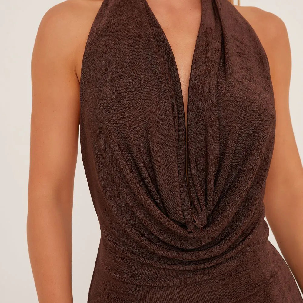 Extreme Cowl Neck Open Back Maxi Dress In Chocolate Brown Slinky