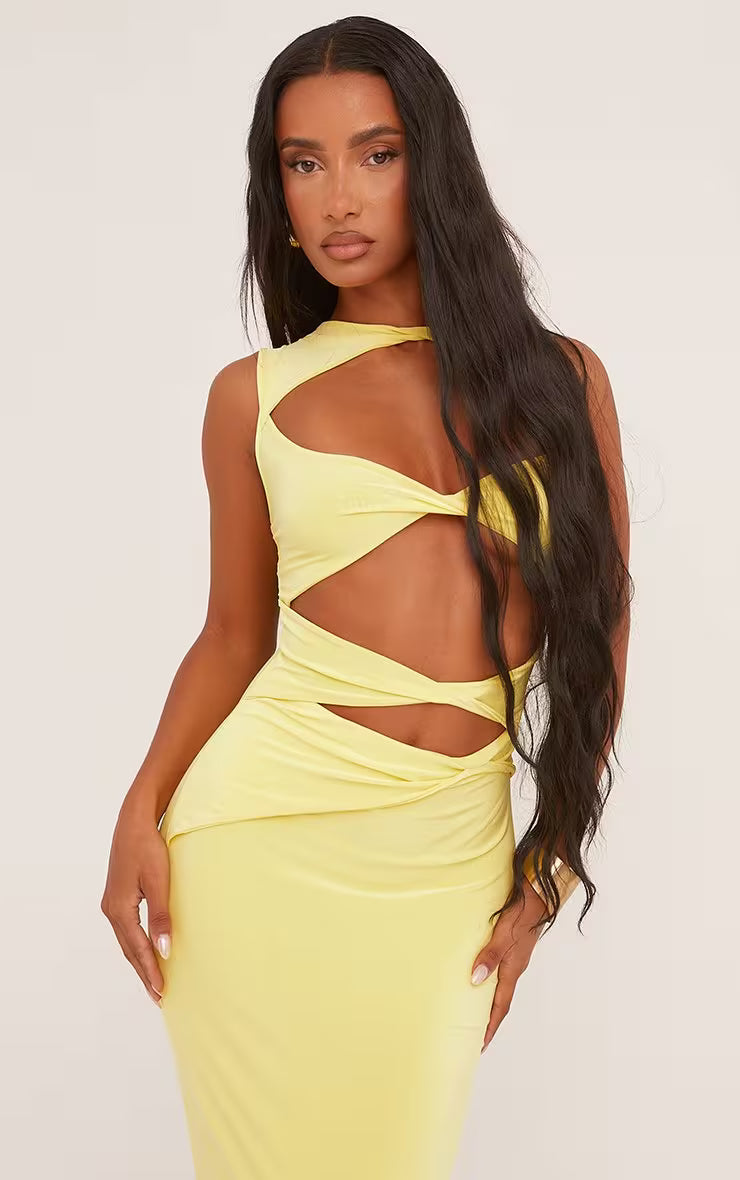 Ego - Sleeveless Cut Out Twist Front Detail Maxi Dress In Pastel Yellow