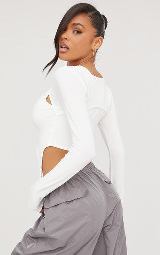 Ego - Long Sleeve Suspender Detail Double Layered Crop Top In Cream Slinky