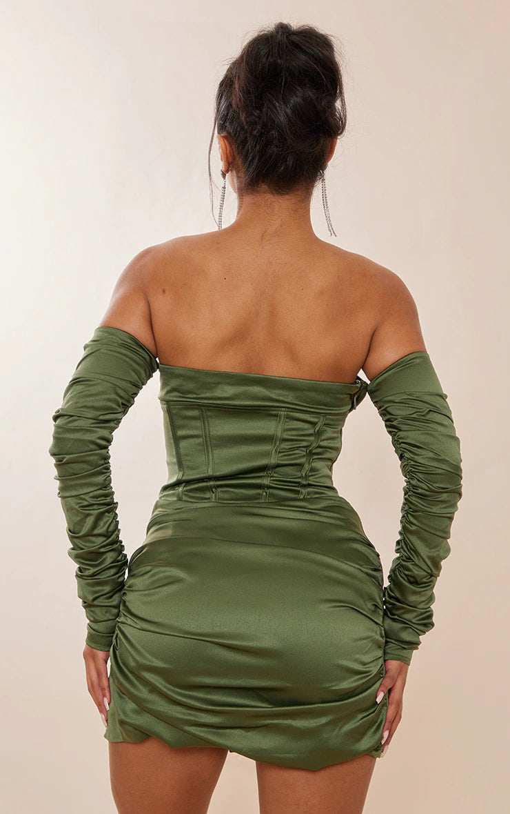 Sage Khaki Satin Corset Ruched Sleeve Bodycon Dress