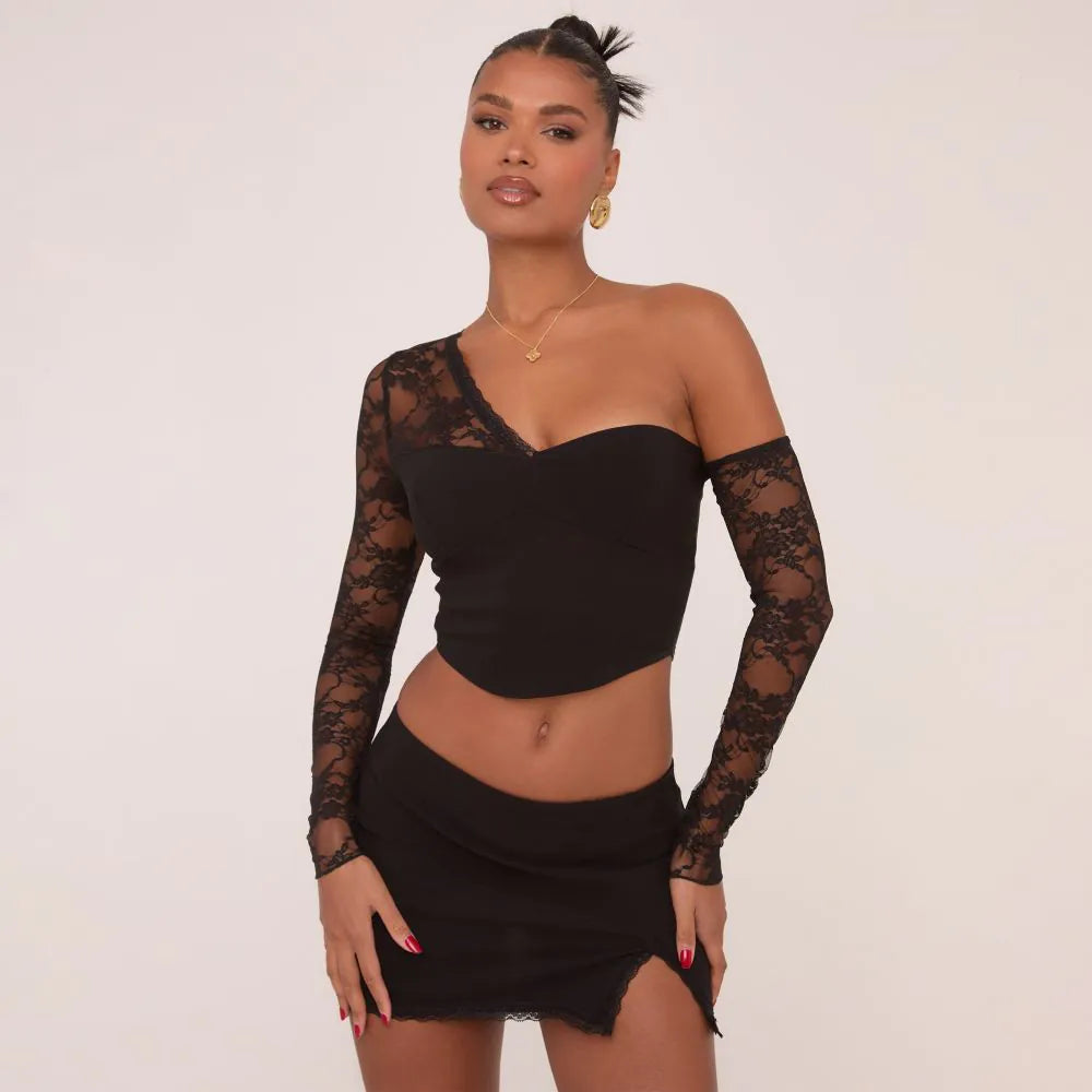 Long Lace Sleeves Off The Shoulder Cropped Corset Top In Black