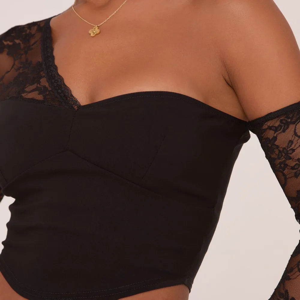 Long Lace Sleeves Off The Shoulder Cropped Corset Top In Black