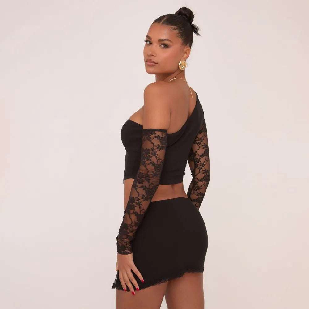 Long Lace Sleeves Off The Shoulder Cropped Corset Top In Black