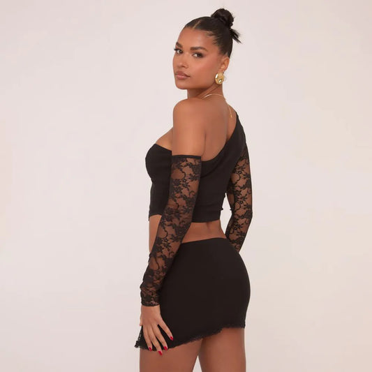 Long Lace Sleeves Off The Shoulder Cropped Corset Top In Black