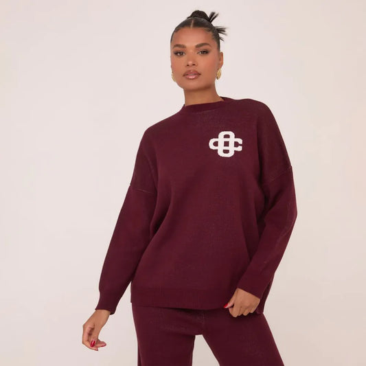 High Neck Oversized Contrast Swirl Detail Sweatshirt In Burgundy Knit