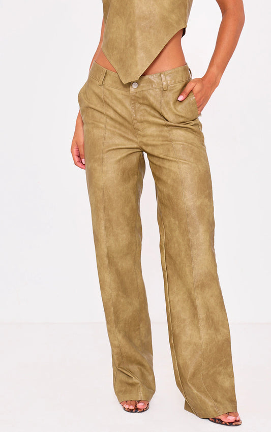 Premium Olive Washed Faux Leather Dip Waist Flared Pants