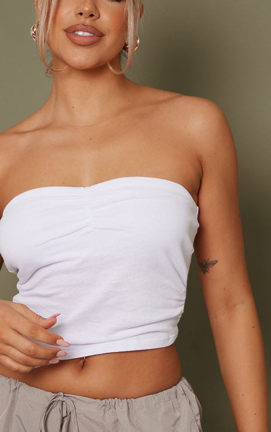 White Brushed Cotton Ruched Tube Top