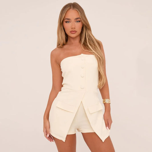 Bandeau Button Front Tailored Playsuit In Cream