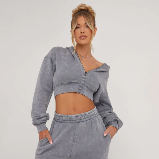 Long Sleeve Oversized Zip Detail Cropped Hoodie In Light Grey Acid Wash