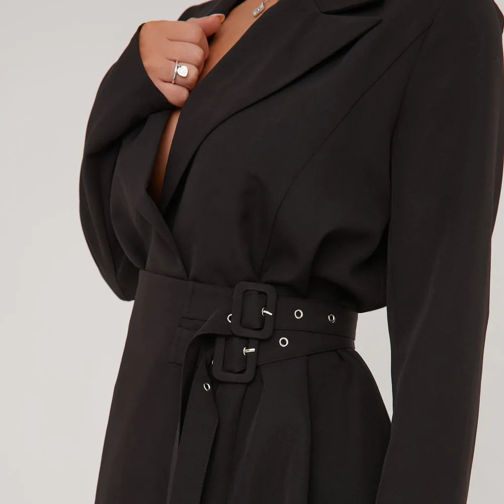 Oversized Belted Detail Blazer Dress In Black