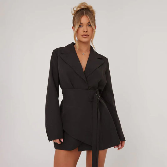 Oversized Belted Detail Blazer Dress In Black