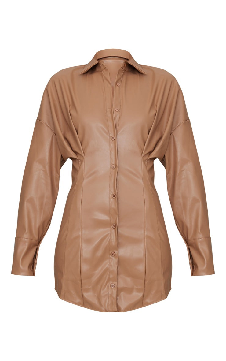 Taupe Faux Leather Fitted Shirt Dress